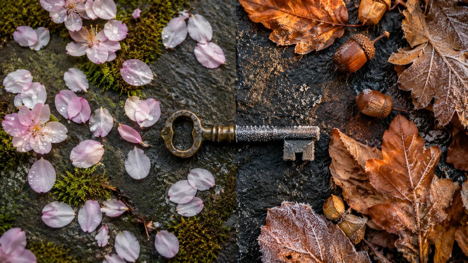 Antiker Messingschlüssel zwischen Frühjahrsblüten und herbstlichem Laub – der beste Zeitpunkt zum Hausverkauf in Mönchengladbach